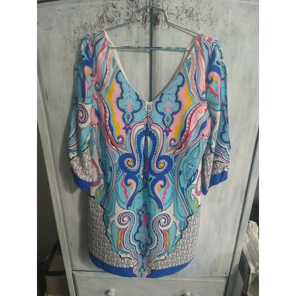 Pink Owl V neck Knee Length Dress Small Boho Beachy Multicolor